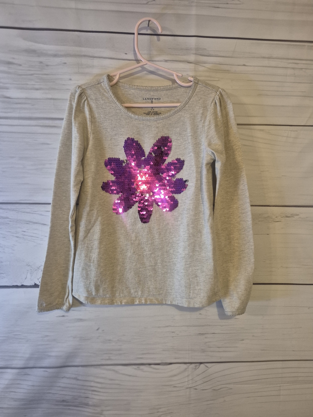 Lands' End Girls' Long-Sleeve Tee with Pink Sequin Flower (5/6)